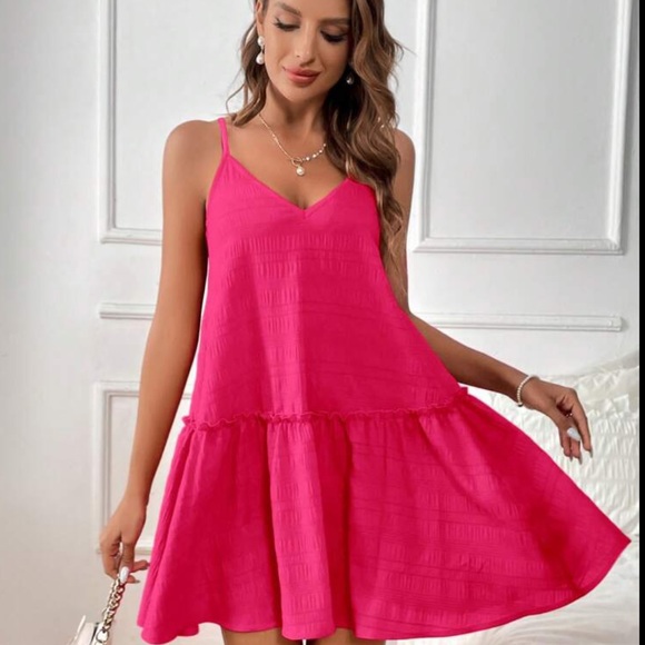 Boho Hot Pink Solid Frill Cami Mini Dress - Picture 3 of 8